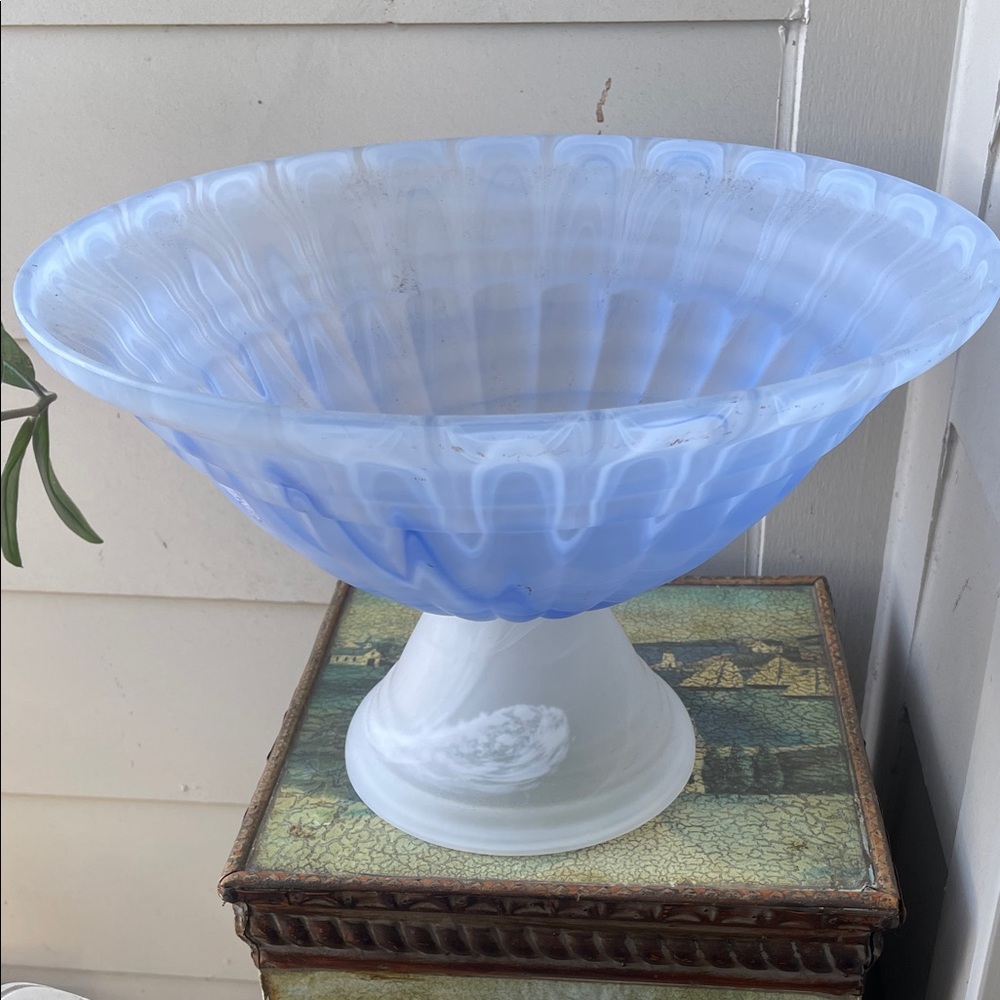 Blue and White Glass Pedestal Bowl - Decorative Centerpiece